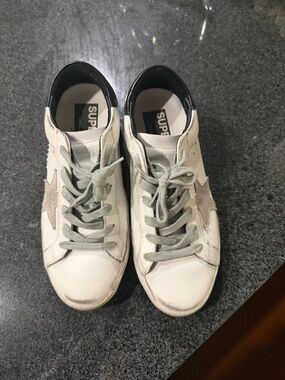 Golden Goose White Leather Sneakers with Gray Star and Black Heel